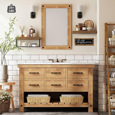 Qeeig ?bathroom Shelves Over Toilet - Paper Storage Wall Mounted Farmhouse Decor Decorations Aesthetic Décor Sign Small Floating Wall Shelf 2+1 Set 16 Inch, Rustic Brown (020bn)