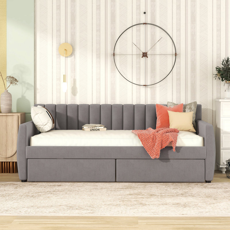Lohrman Upholstered Daybed,Platform Bed with Drawers, Gray, Twin