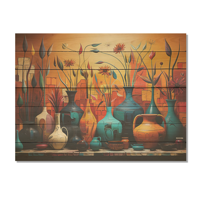 Orange Boho Pottery Expressions I - Boho Pottery sur impression de bois, H 24 po x l 32 po