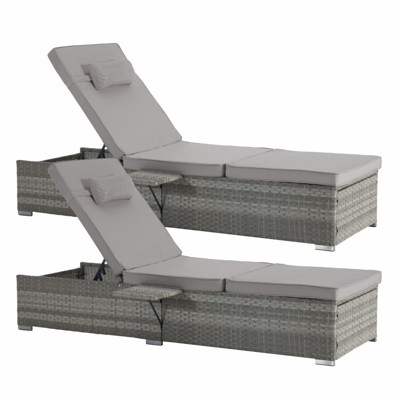 Two Pieces Outdoor Chaise Lounges With Cushion And Adjustable Backrest, Modern Patio Chaise Lounge, Light Gray