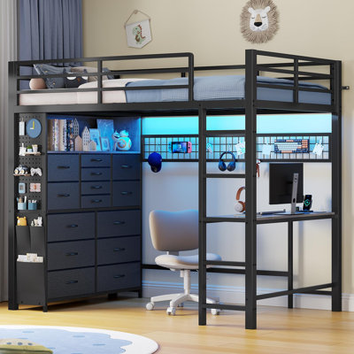 Lit mezzanine simple avec bureau, 14 tiroirs de rangement et prise de courant, lit mezzanine pour enfant avec lumières à DEL, lits mezzanine en métal avec barrière de sécurité et échelle, peu encombrant pour les adolescents