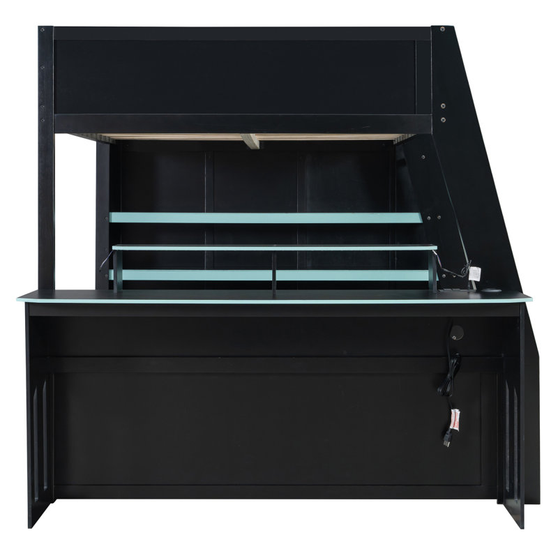 Lit mezzanine double en bois avec bureau, tablettes multiples et lumière RVB, table à placement réglable, bleu nuage