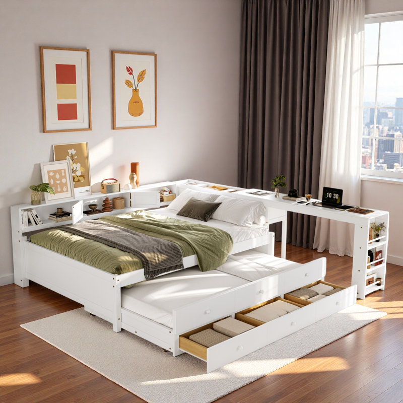 Wood Daybed With Storage Drawers, Side Shelves, Desk And Trundle, Full/Double, White
