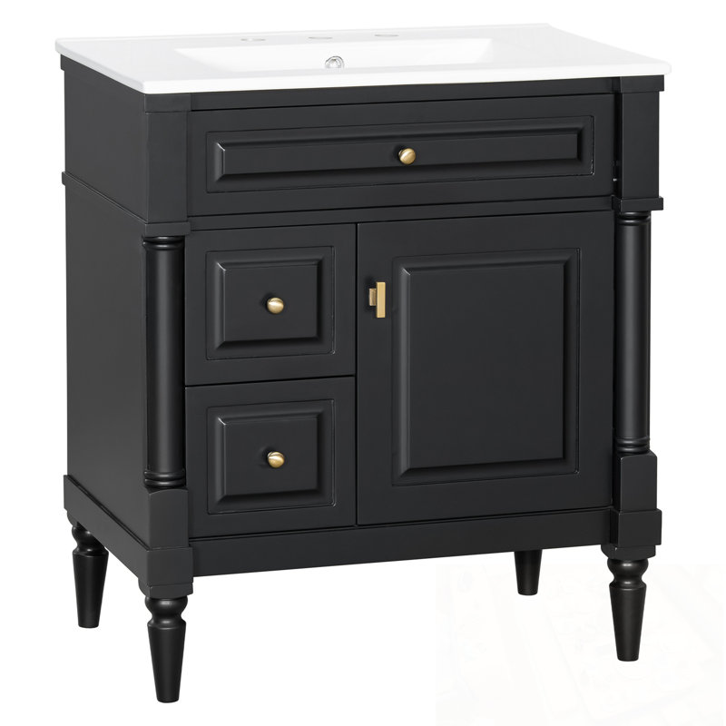 Meuble-lavabo avec lavabo, 2 tiroirs et tablette réglable, 30", Noir
