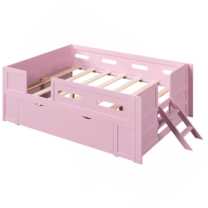 Lit plateforme double avec garde-corps et tiroir, rose, Lit double, Pink