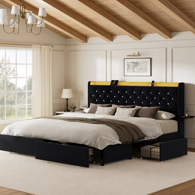 Coba Upholstered Platform Bed with Storage Drawers and Charging Station