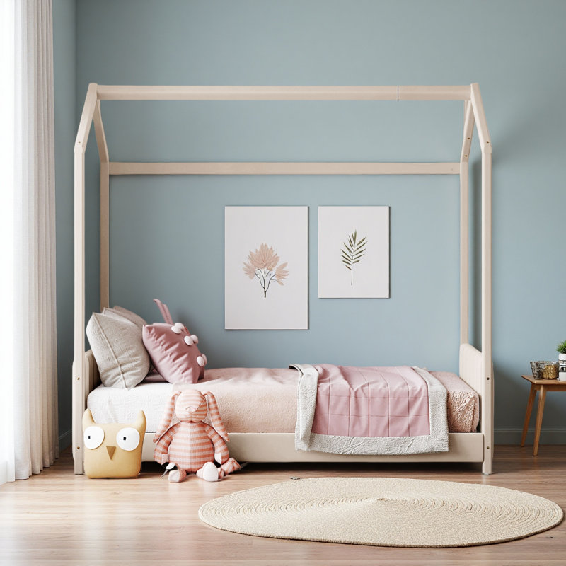 Velvet House Bed Wood Bed, Beige, Twin