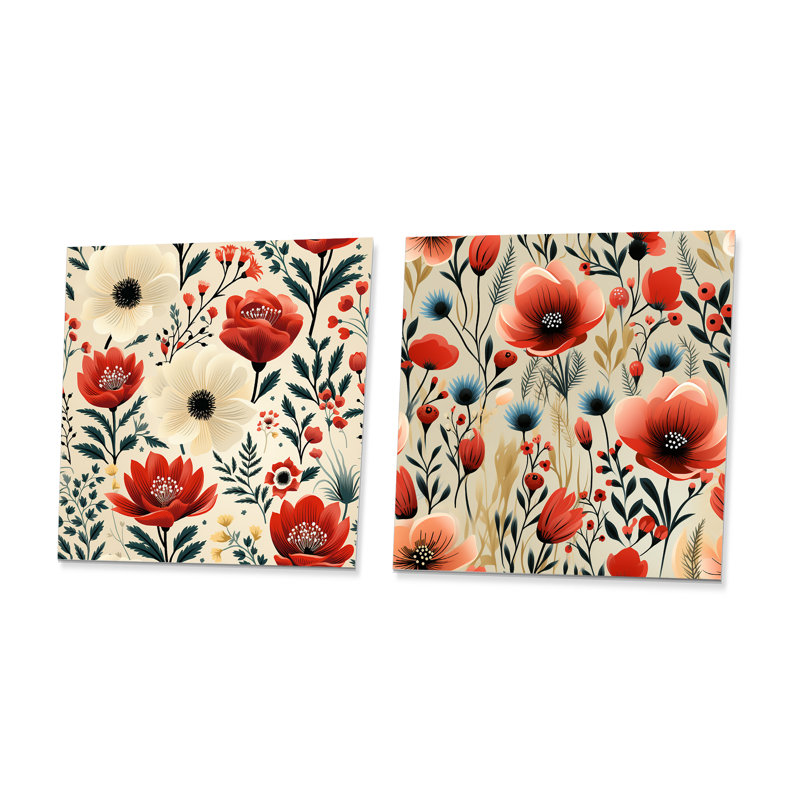 Ensemble de 2 motifs carrés rouges et beiges à motif floral rétro, H 16 po x l 32 po