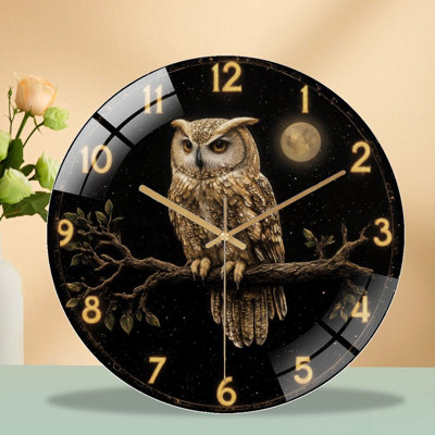 Clock Face Owl On Branch With Moon Art - 12'' Modern Glass Wall Clock