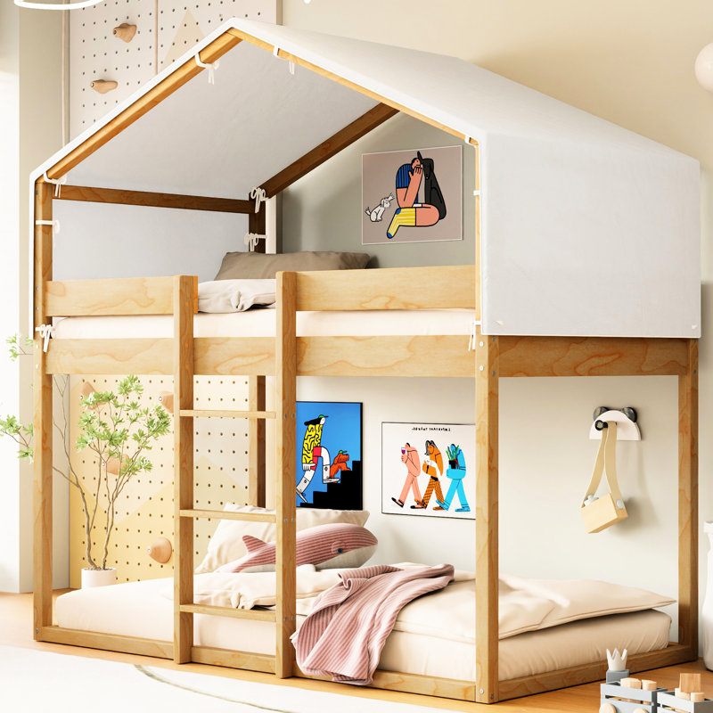 Lit simple superposé au-dessus de bois avec tente, couleur, construction solide, décoration de chambre à coucher ludique - finition, construction pour, conception inspirée de la maisonnette, espace de rangement spacieux