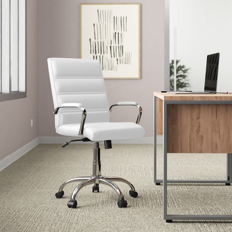Whitney Ergonomic Upholstered Mid-Back Swivel Office Chair, Chrome, White Faux Leather