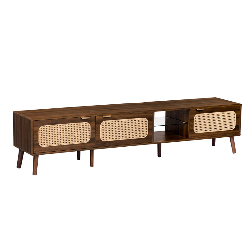 Meuble télé 78 po pour téléviseur de 70 à 79 po, chambre à coucher console ou espace de vie, tablette ouverte et rangement couvert, charnières à fermeture en douceur, poignée à tirer, qualité de fabrication en bois massif, meuble teinté en noyer teinté,