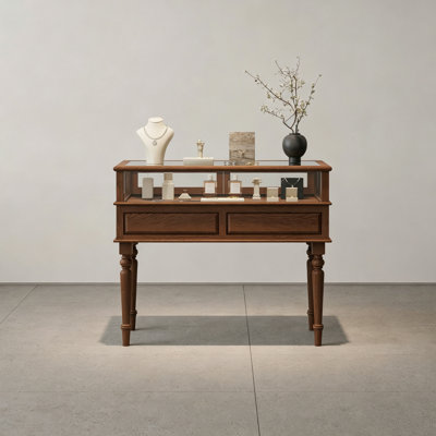 Modern Vintage Jewelry Display Table with Glass Top, Transparent Showcase Cabinet for Collectibles and Decorative Items