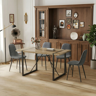 5-Piece Rustic Industrial Dining Table Set, 55.1" Rectangular Wood Kitchen Table with 4 Upholstered Chairs, Metal Legs, for Home Kitchen & Dining Room