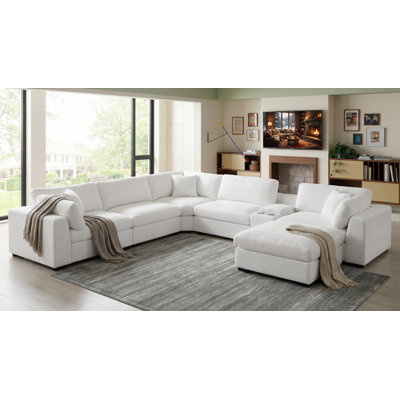 Modern Reversible Sectional Sofa 6-Seats Comfy Modular Couch With Large Ottoman, Storage & Cup Holder & USB Charging