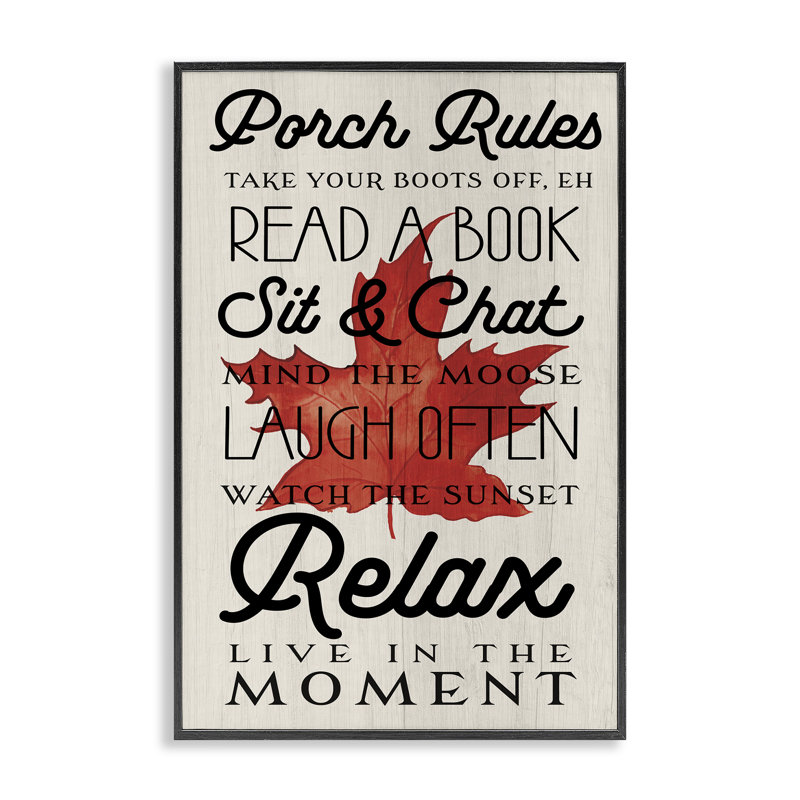 «Canada Porch Rules» avec giclée encadrée de feuilles, design par Lil 'Rue, H 18 po x l 12 po, Giclée encadrée noir minuit