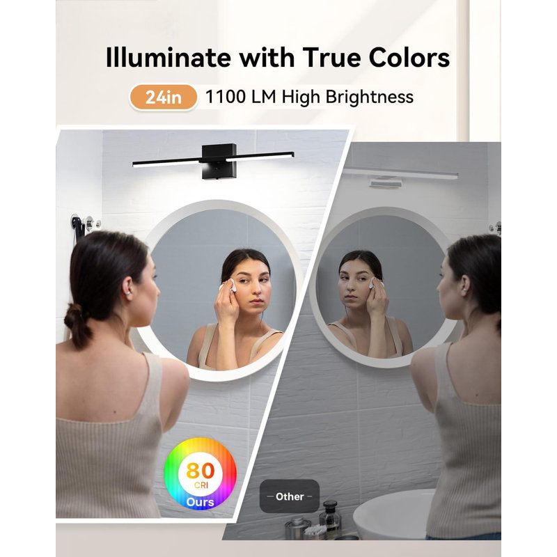 Modern Vanity Light with Built-in Dimmer, 24" LED Mirror Light Fixture, Dimmable 5CCT, Black Strip Light Fixture for Bedroom and Mirror - FCC Certified