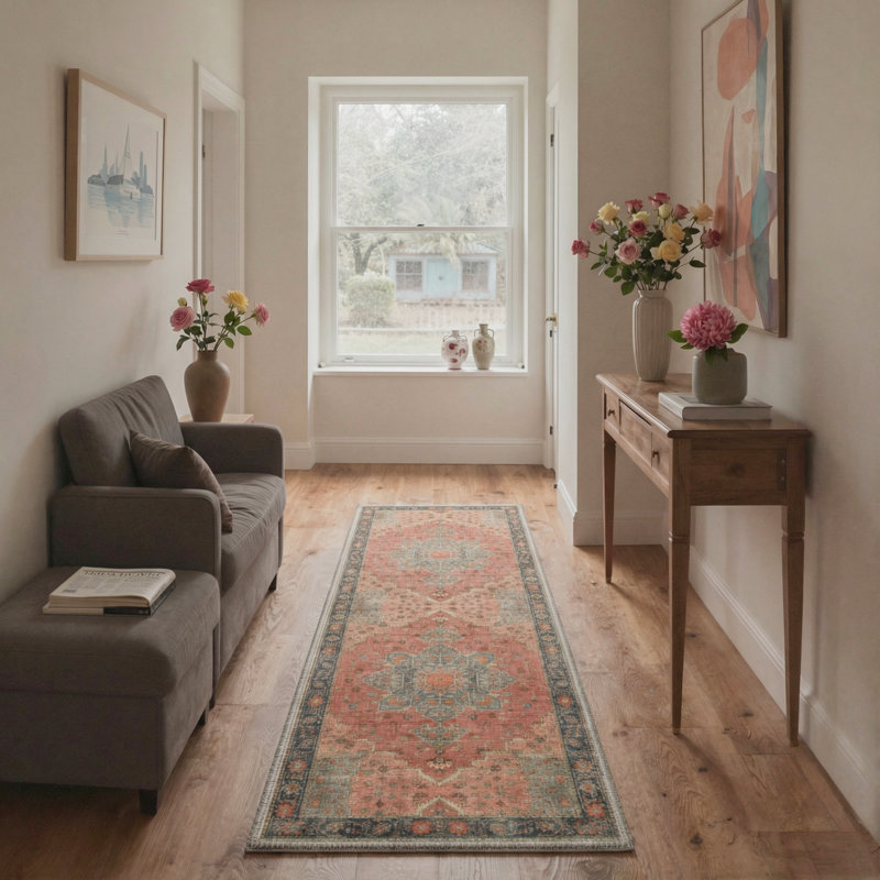 Tapis orange / bleu lavable à la machine avec envers antidérapant Aurelian, Tapis de couloir 2 pi x 6 pi