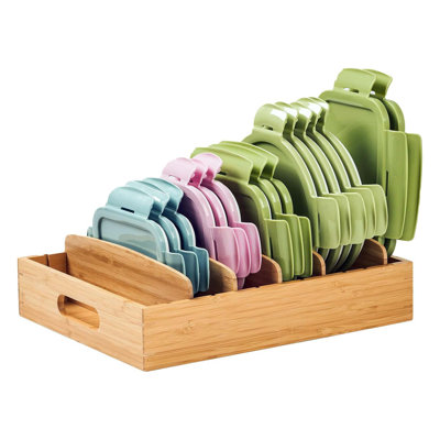 Bamboo Kitchen Cabinet Organizer with Adjustable Dividers Food Storage Container Lid Drawer Caddy for Kitchen Organization