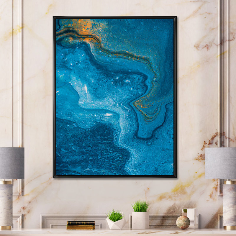 Composition abstraite de marbre en bleu II - peinture sur toile, H 32 po x l 16 po x P 1 po, Cadre flottant noir
