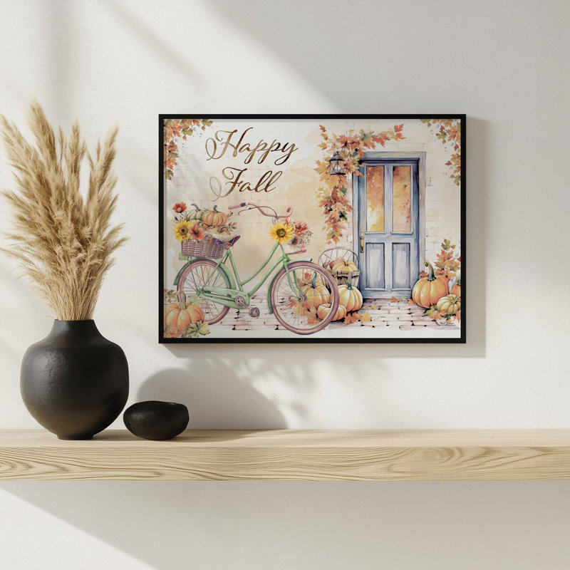 «Happy Fall Bicycle» par Nicole DeCamp, reproduction d'art, L 32 po x H 24 po, Blanc, Impression encadrée