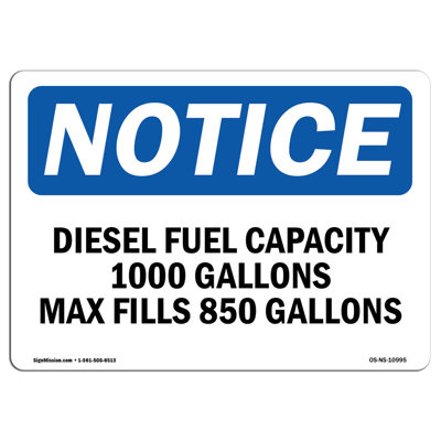 Diesel Fuel Capacity 1000 Gallons Max Fill Sign