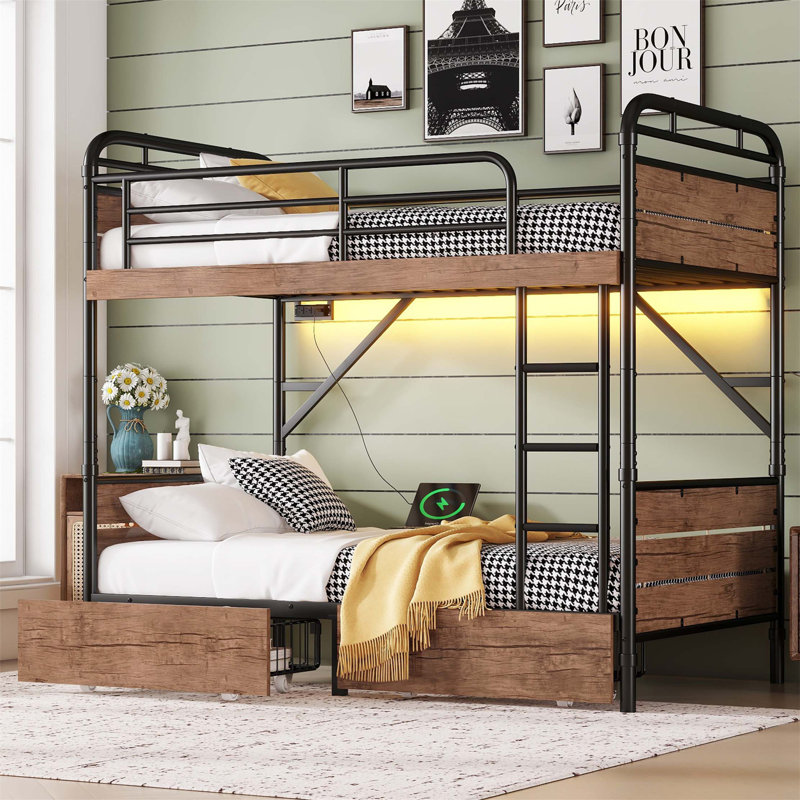 Metal Bunk Bed, Detachable Metal Bunk Bed With LED Light And Charge Station, Bunk Bed With Two Storage Drawers