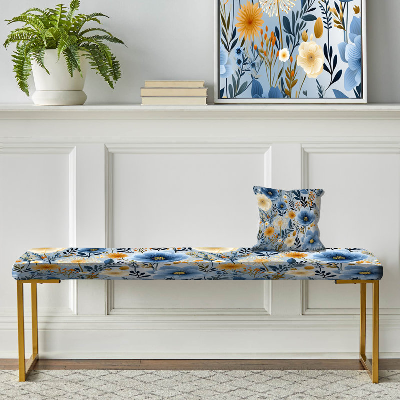 Floral Upholstered Gold Bench, Blue Boho Chic Floral