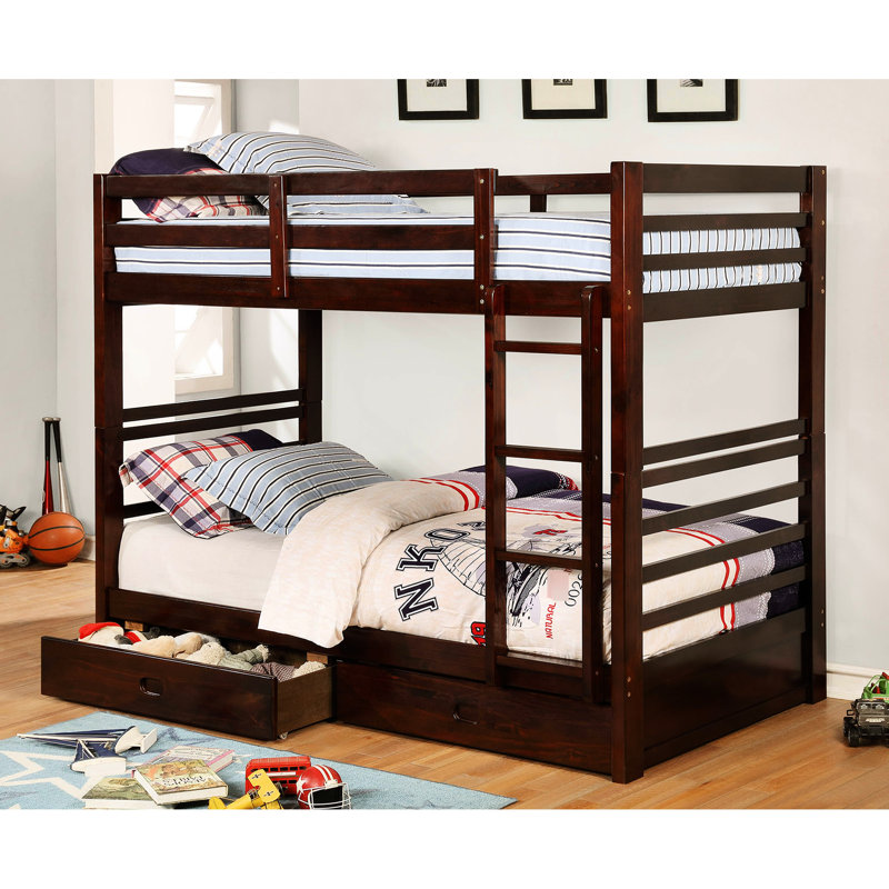 Lit simple superposé simple au design transitionnel, bois massif noyer foncé, deux tiroirs pour la chambre à coucher, attaché, 10 pièces Lattes, Insert - Rails à joint verrouillés, Arrangement,