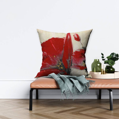 Three Red Flowers - Beige Contemporary – Throw Pillow Cover Only, Double-Sided Print, Insert Not Included