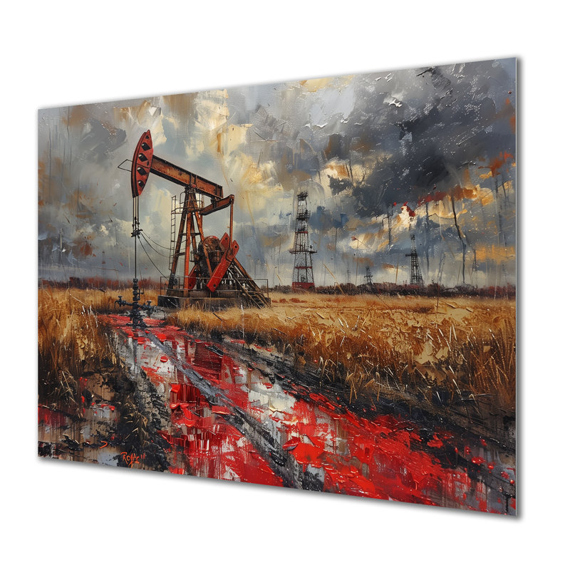 «Red Winter Oil Fields Industrial Icon I» - Art mural, H 30 po x l 40 po x P 1,5 po, Métal métal