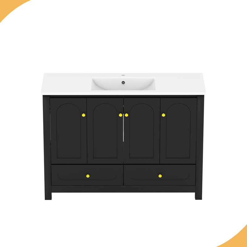 Meuble-lavabo de salle de bain avec lavabo en résine, armoire de rangement abondante - 4 portes à fermeture douce et 2 tiroirs, structure robuste