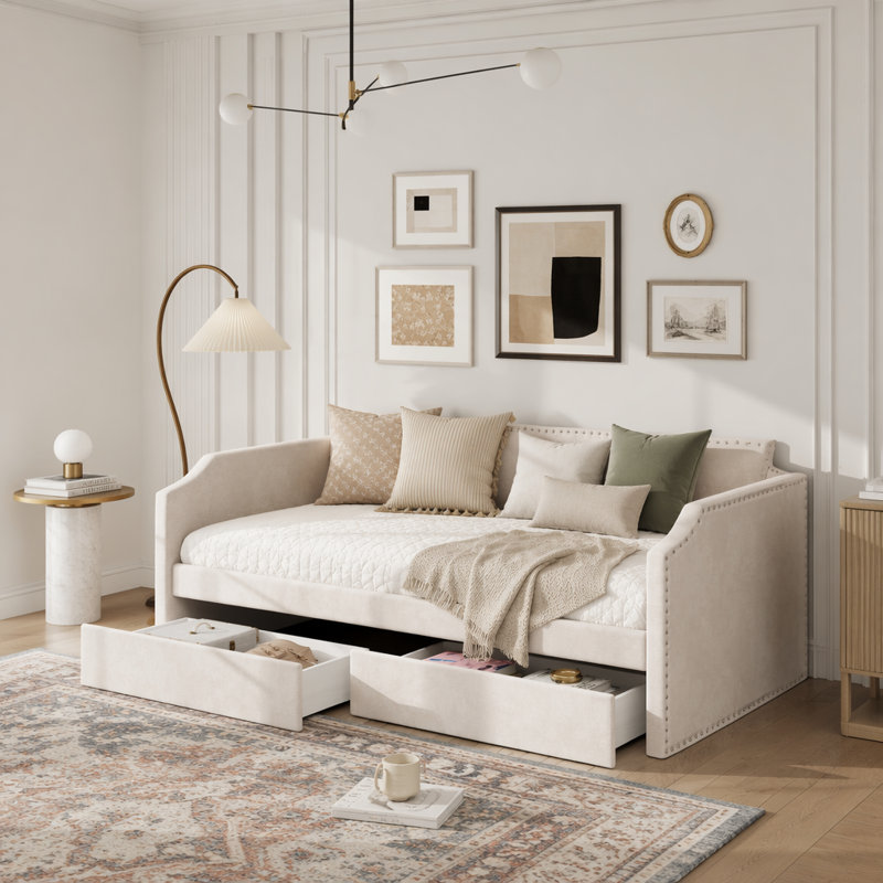 Lit de jour simple en velours rembourré avec 3 tiroirs, Beige