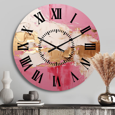 Minimalism Pink And Gold Horizon I - Abstract Painting Black Face Wall Clock