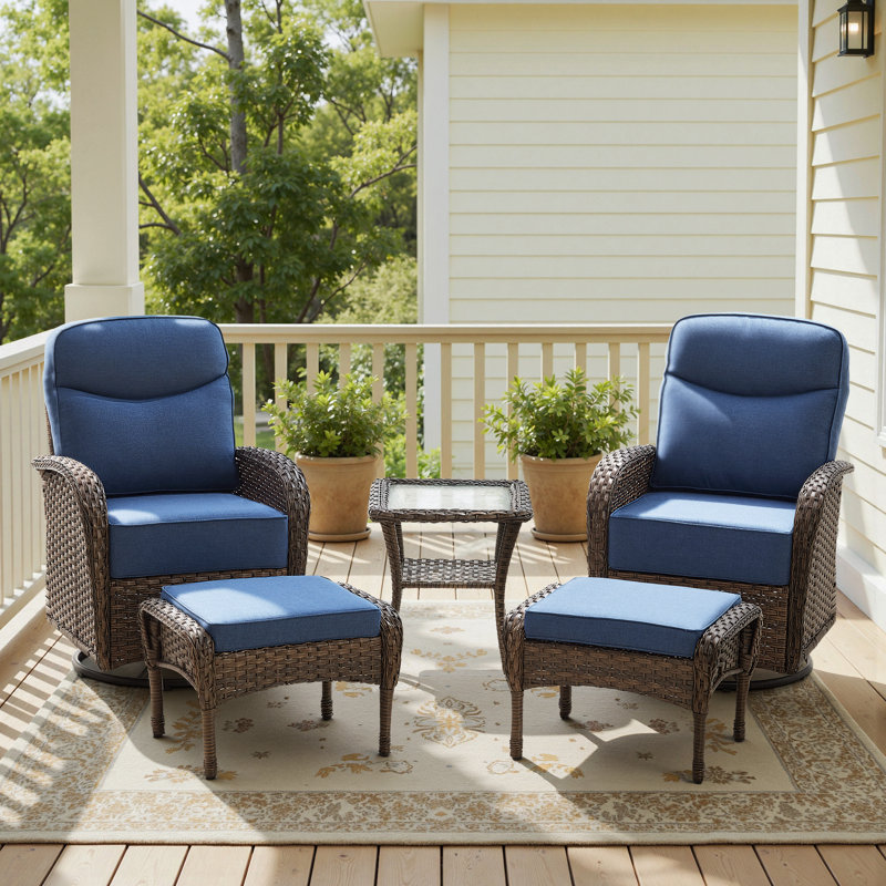 Alakai 5-Piece Outdoor Wicker Crescent High Backrest Swivel Chair Set With Ottomans And Side Table, Blue