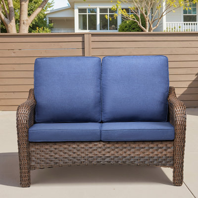 49.6 Inch PE Wicker Rattan Outdoor Patio Loveseat, Blue Deep Seat Cushions For Elegant And Durable Seating