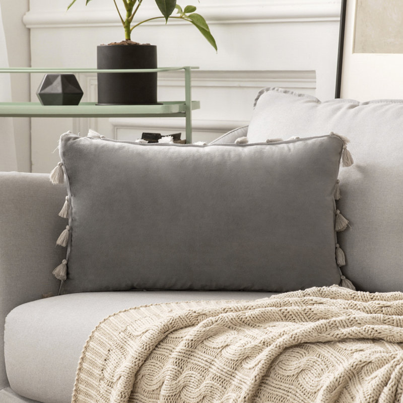 Coussin en velours, Gris, Polyester, H 14 po x l 20 po
