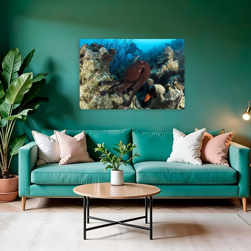 " Underwater Octopus Encounter Vibrant Contemporary Fish Octopus Nature Ocean Wall Art Print " by Ilan Ben Tov, 32" H x 48" W