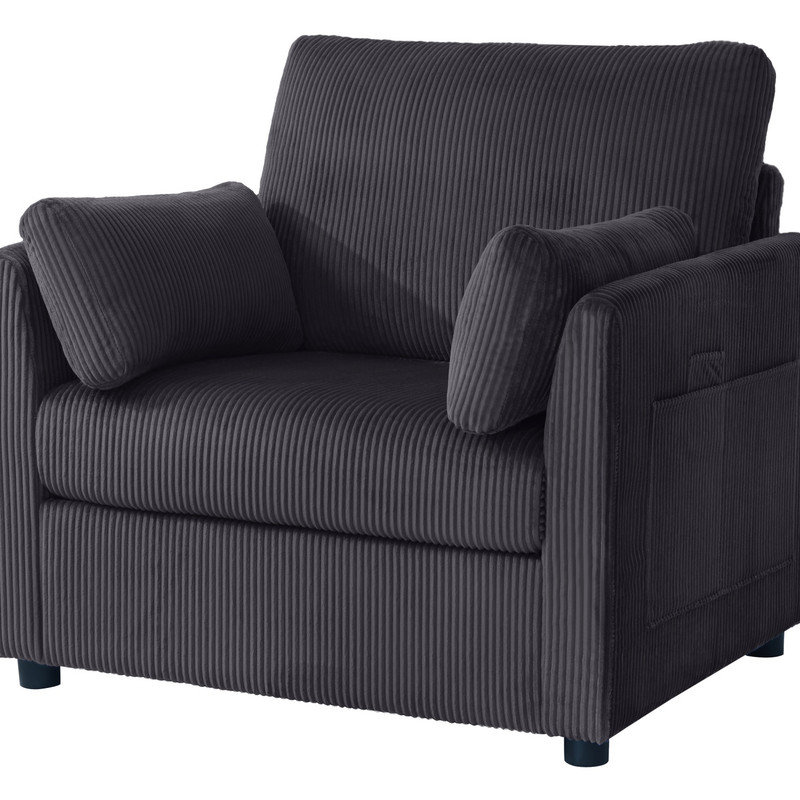 Fauteuil d'appoint rembourré en velours côtelé avec poches de rangement latérales et 2 coussins surdimensionnés, gris, Gray