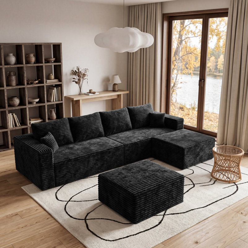 Canapé modulaire 118,12 po avec repose-pieds modulaire moderne 118,12 po, sans assemblage requis, noir, Black Flannel