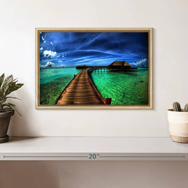 Maldives Bungalow Dock, Cadre flottant en bois naturel, 13 po x 9 po