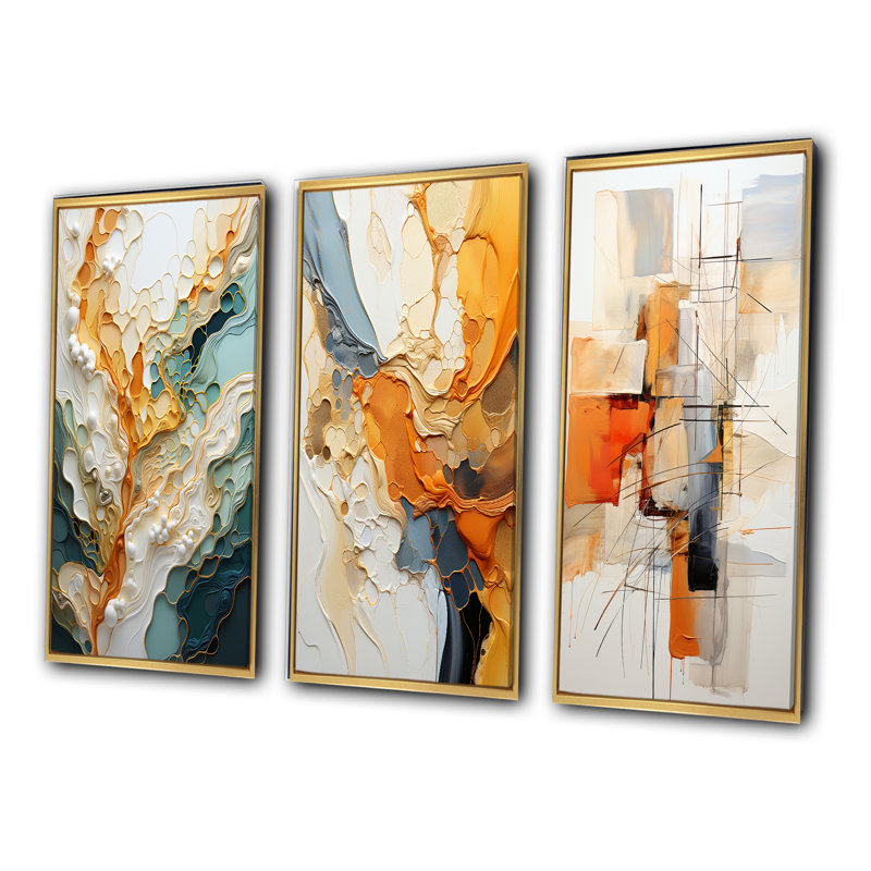 Orange White Line Art Abstraction on Canvas, 20" H x 36" W, Gold Floater Framed