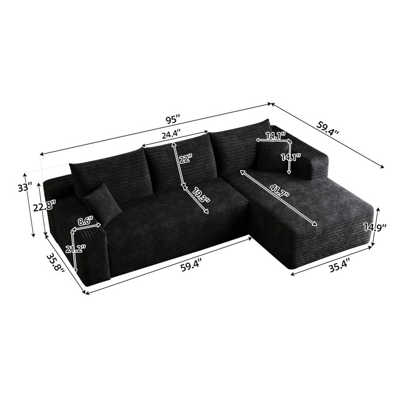 95" Modern Minimalist L‑Shaped Cloud Sectional Sofa, Plush Striped Corduroy Upholstered Corner Couch with Spring‑Pack Cushion, No Assembly Required, Black