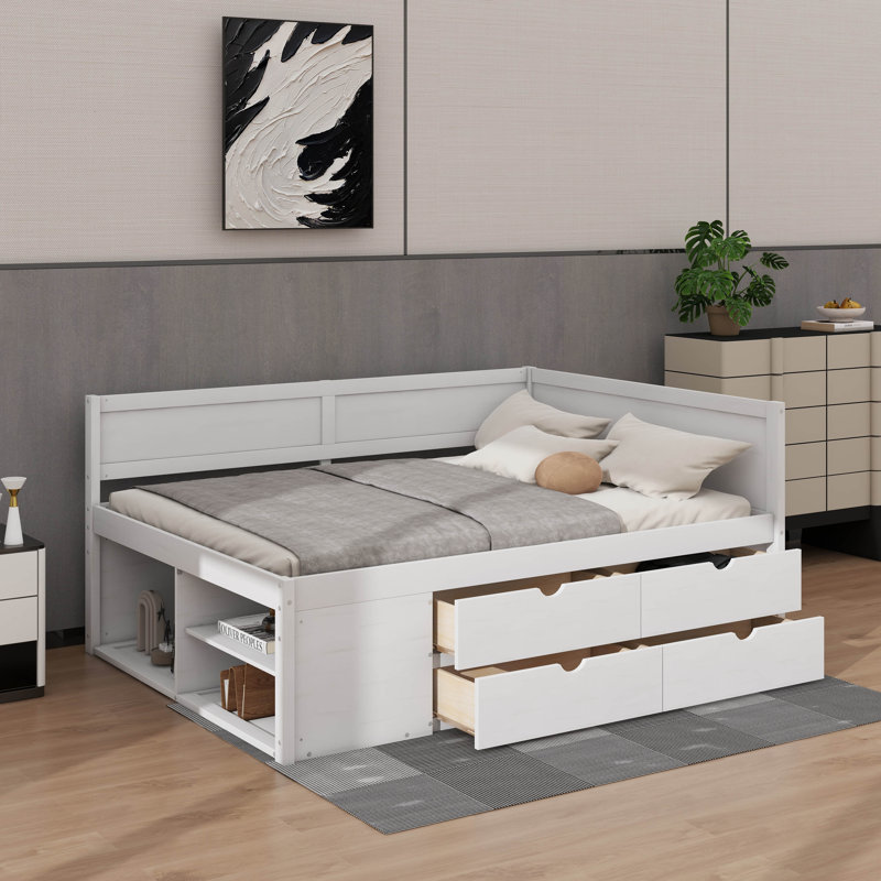Lit de jour double avec tiroirs et tablettes, Lit double, Blanc