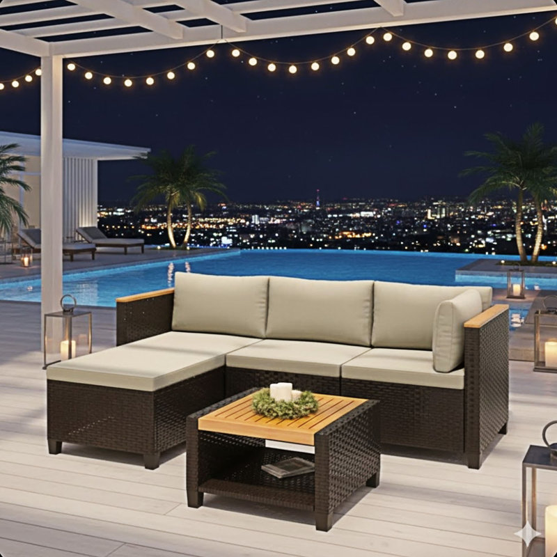 3-Piece L-Shaped Wicker Patio Set With Cushions, Beige, Brown