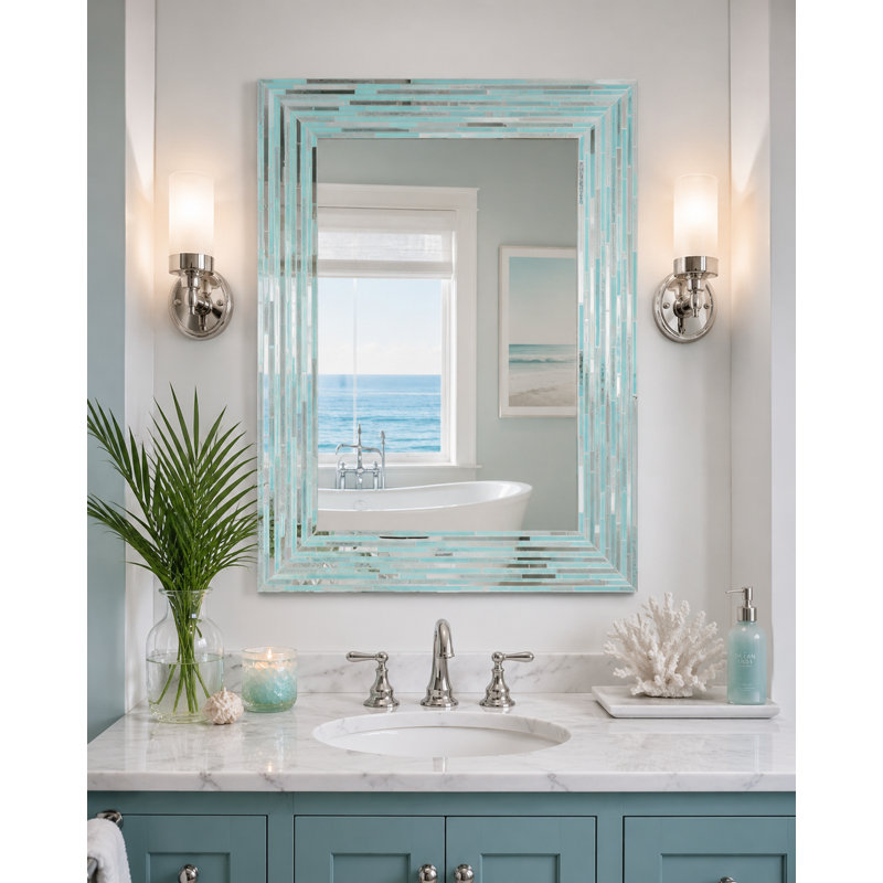 Sutphen 24x30" Coastal Aqua Blue Mosaic Printed Glass Reeded Tiled Frameless Decorative Accent Wall Mirror for Entryway, Hallway, Bathroom Vanity, Bedroom