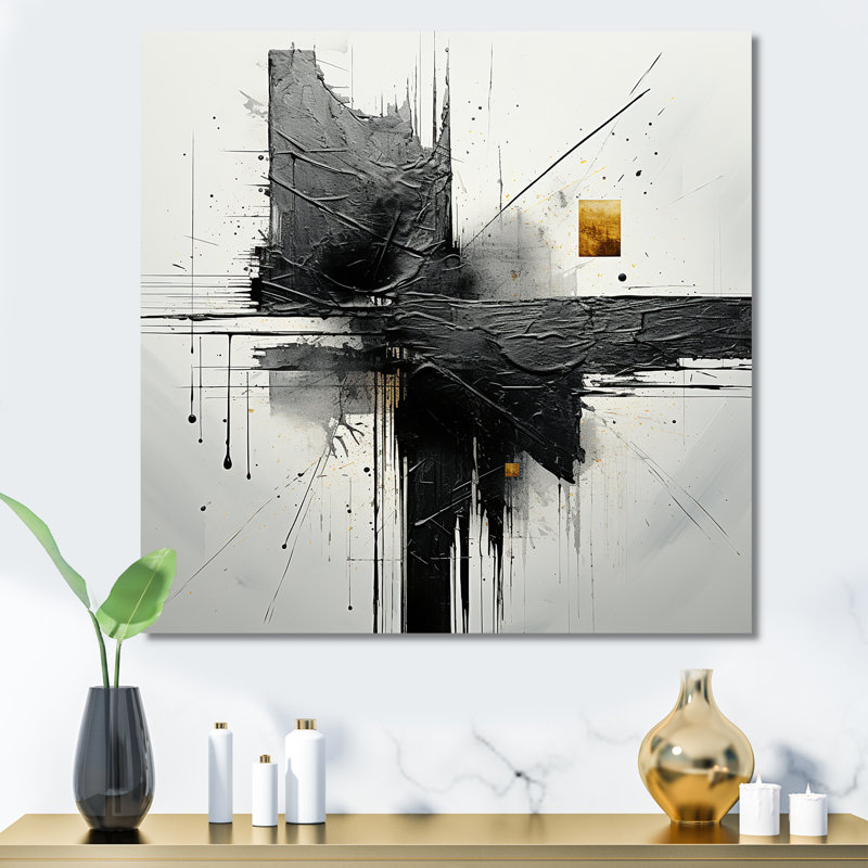 Art mural sur toile abstrait minimaliste noir et blanc IV, H 30 po x l 30 po, Cadre flottant noir