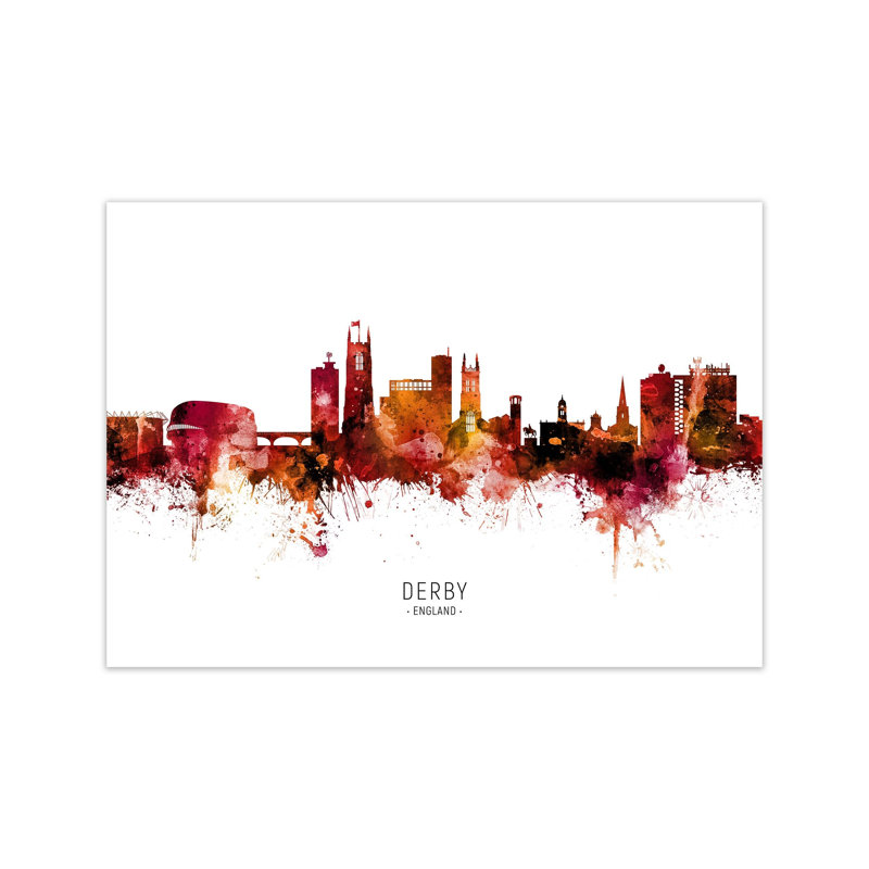 Derby England Skyline Red City Name by Michael Tompsett - Print, Unframed, 60cm H x 84cm W x 1cm D