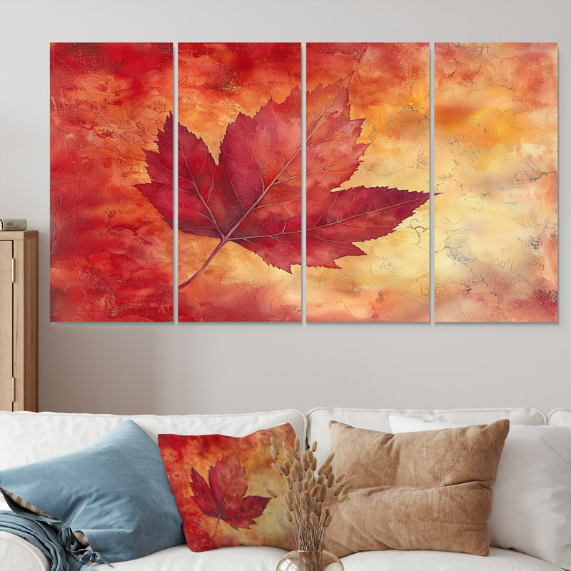 Automne coucher de soleil sur feuille d'érable I - Coucher de soleil - Art mural traditionnel pour le salon, 4