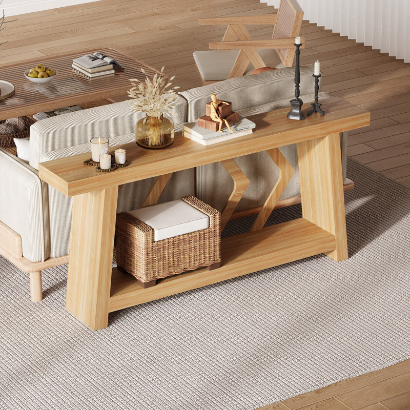 Table de bout 70,9 po à 2 niveaux avec deux pieds trapézoïdaux pour l'entrée, Naturel